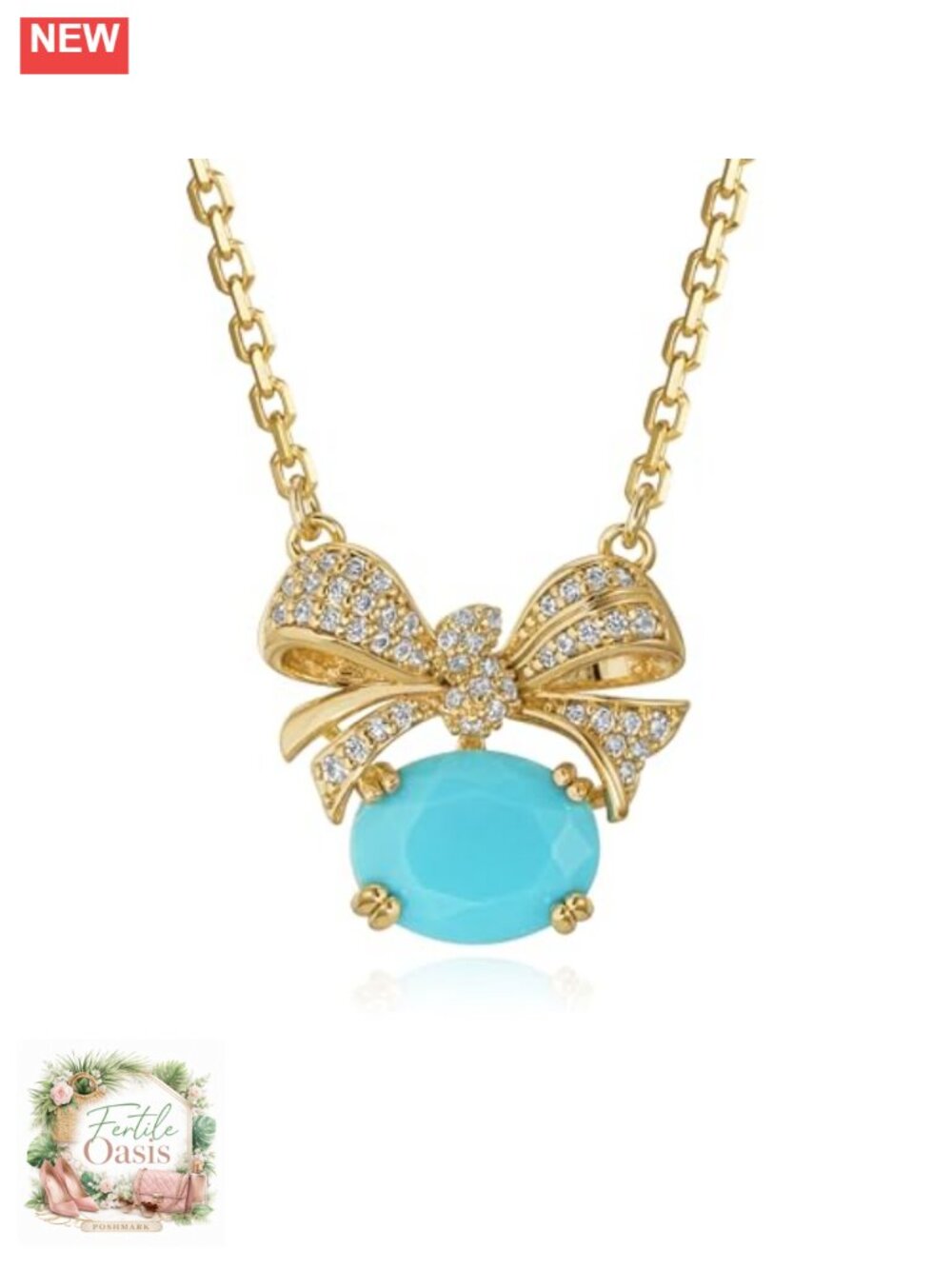 Dainty Gold Plated Bow Pendant Necklace with Turquoise Stone, Cute Charm